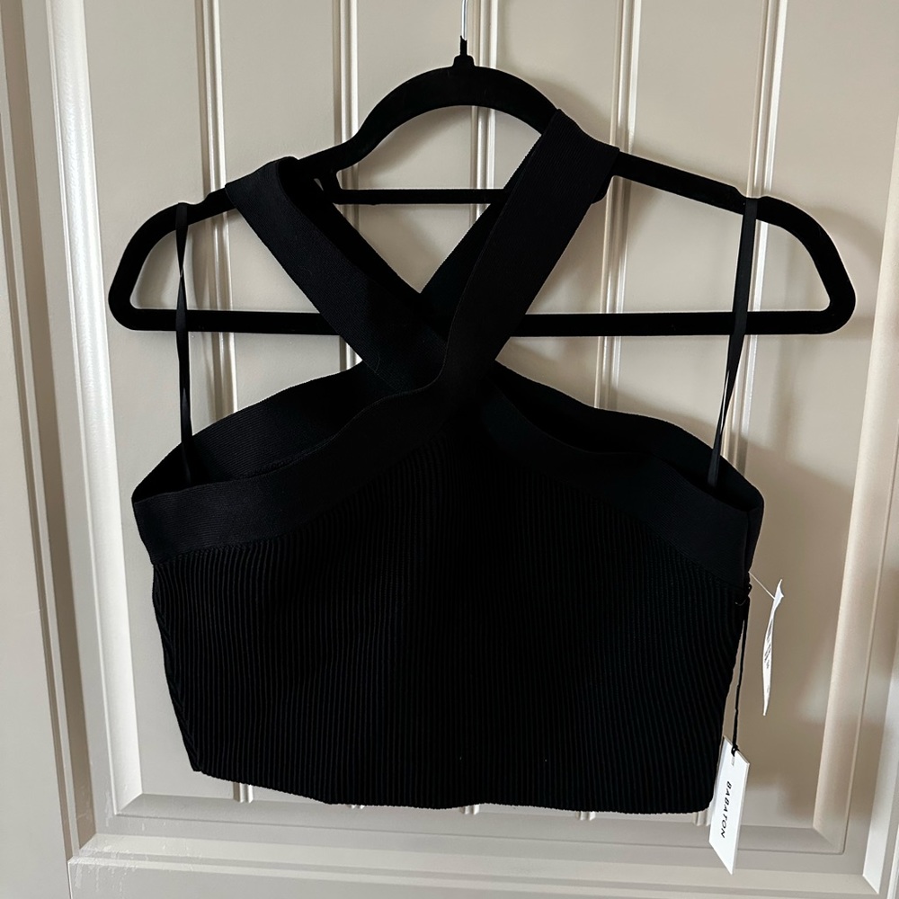 Aritzia Babaton -new with tags -ribbed knit cross neck crop top - black